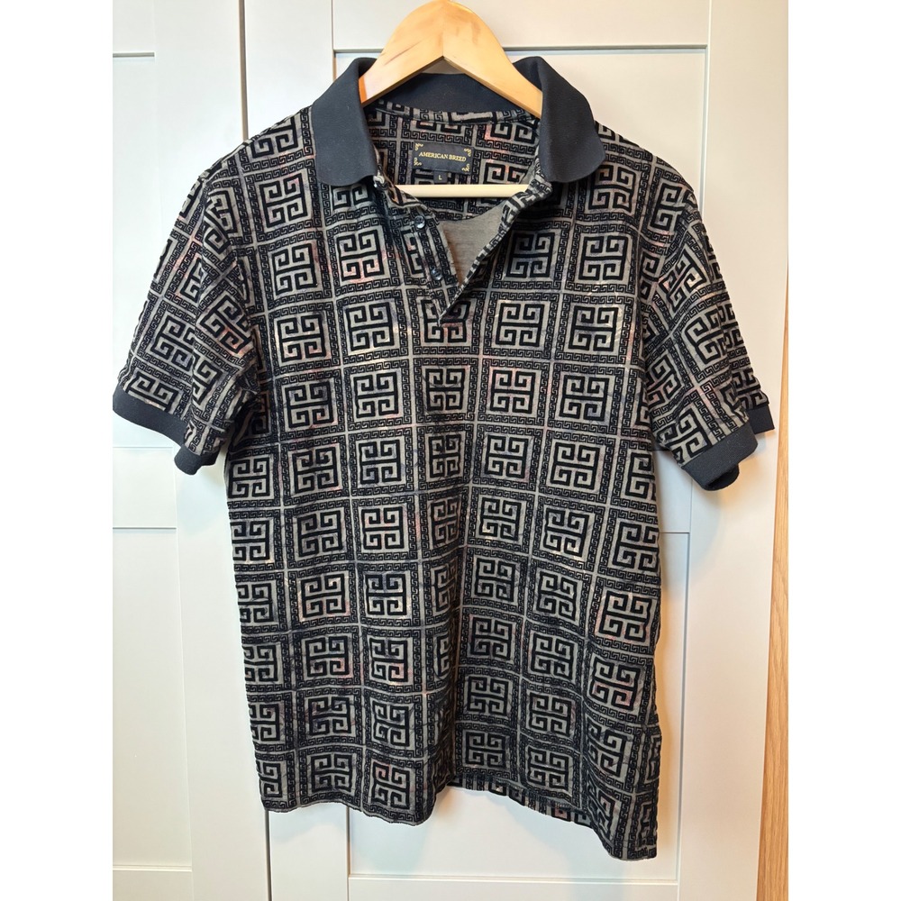 American Breed Mens Polo Shirt Black Gold Velvet Burnout Geometric Short Sleeve